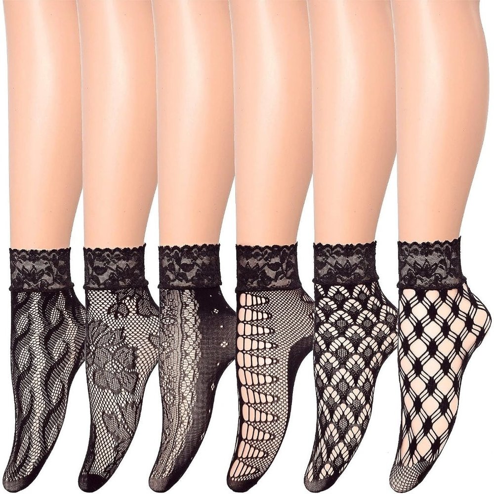 Women Black Nylon 6 Pairs Lace Fishnet Anklet Dress Socks